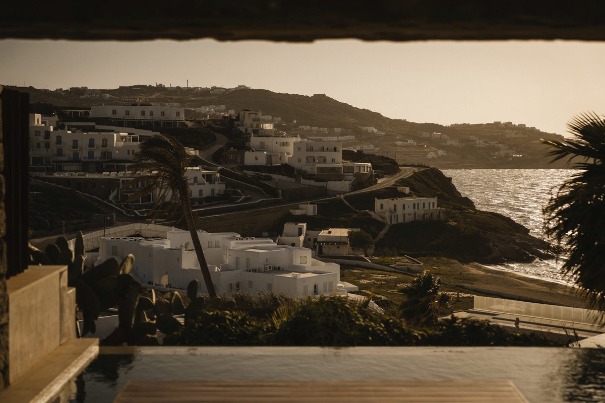 Mykonos at golden hour, seen from a villa terrace