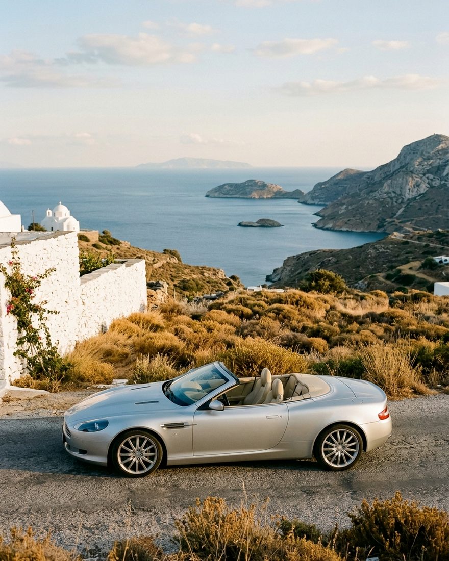 A convertible parked above the coast