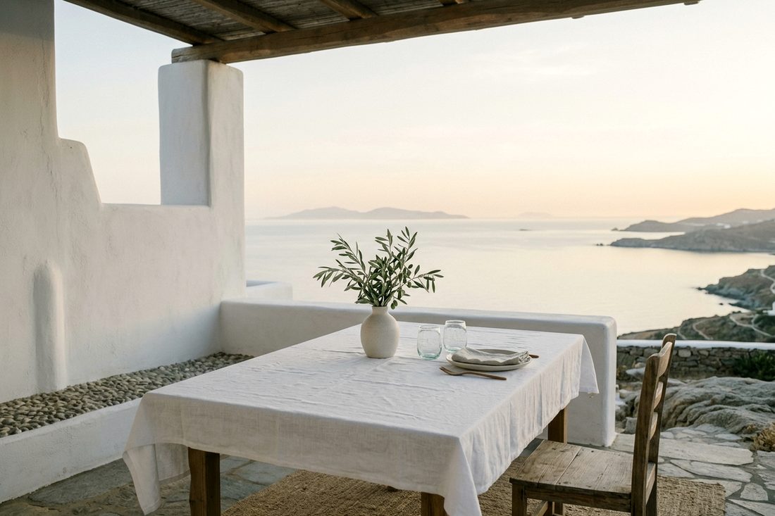 A table set on a terrace at golden hour